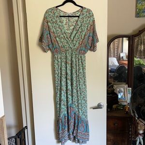 Green Tapestry V-Neck Maxi Dress